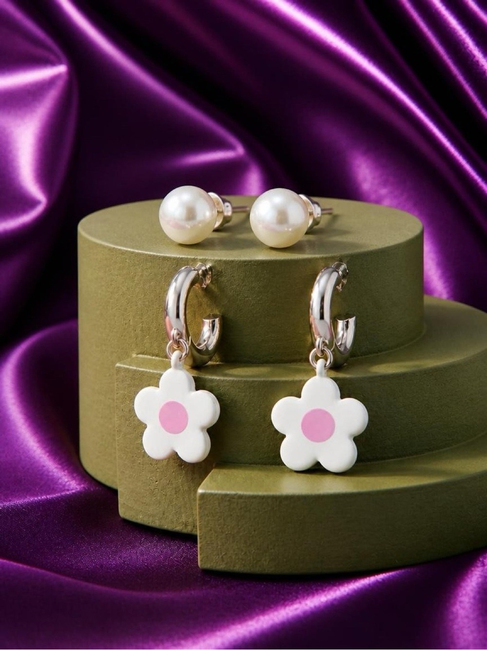 Betsy Johnson Stud & White Pink Daisy Drop Hoop Earrings two pairs
